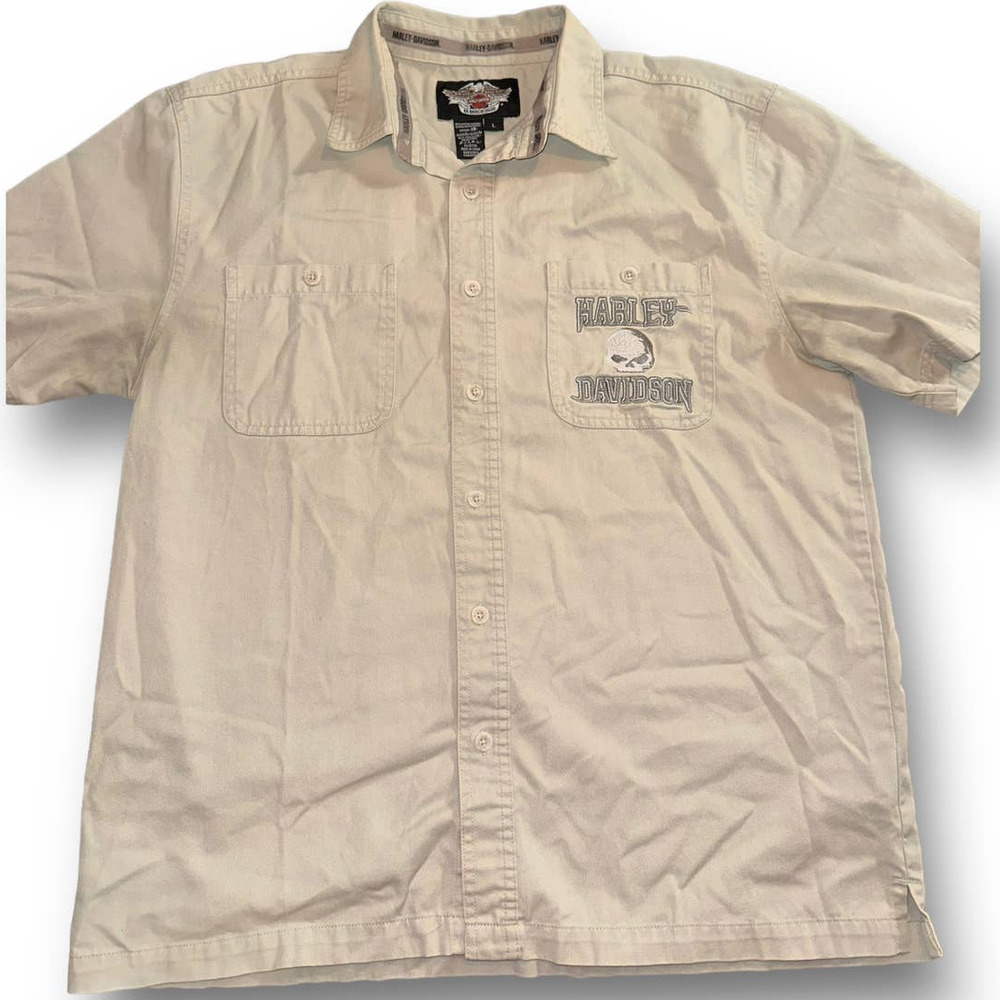 Harley-Davidson Embroidered‎ Button Down Khaki Shirt - Size: L